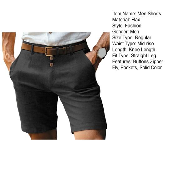 Men Shorts Mid-rise Buttons Zipper Fly Solid Color Shorts with Pockets Straight Leg Summer Casual Shorts Daily Wear