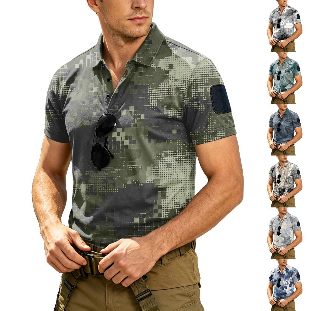 Men Tactical Polo Shirt with Hook and Loop Patch Short Sleeve Digital Print Turn Down Collar Loose Fit Outdoor Quick Dry Top