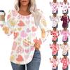 Women's Fashion Casual Pleated Round Neck Valentine's Day Love Heart Printed Long Sleeve T-Shirt Top