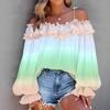 Топ с открытыми плечами, контрастным градиентом, кружевом и кружевом, женские блузки и рубашки большого размера