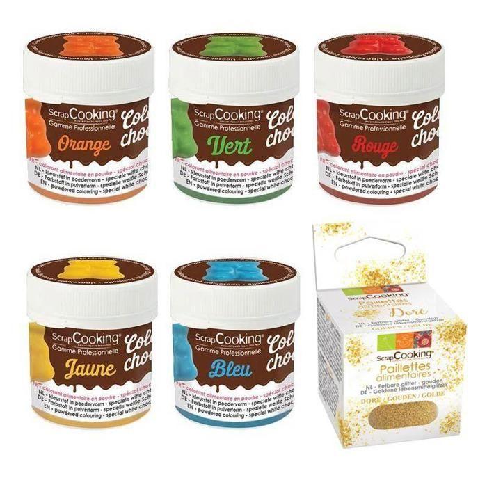 5 colorants liposolubles bleu-jaune-rouge-vert-orange + paillettes dorées