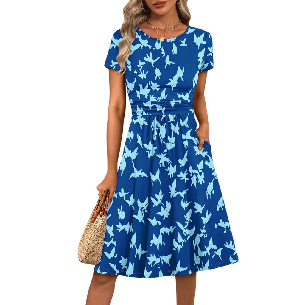 Women's Casual Fashion Round Neck Pleated Short Sleeve Floral Print A-Line Midi Dress