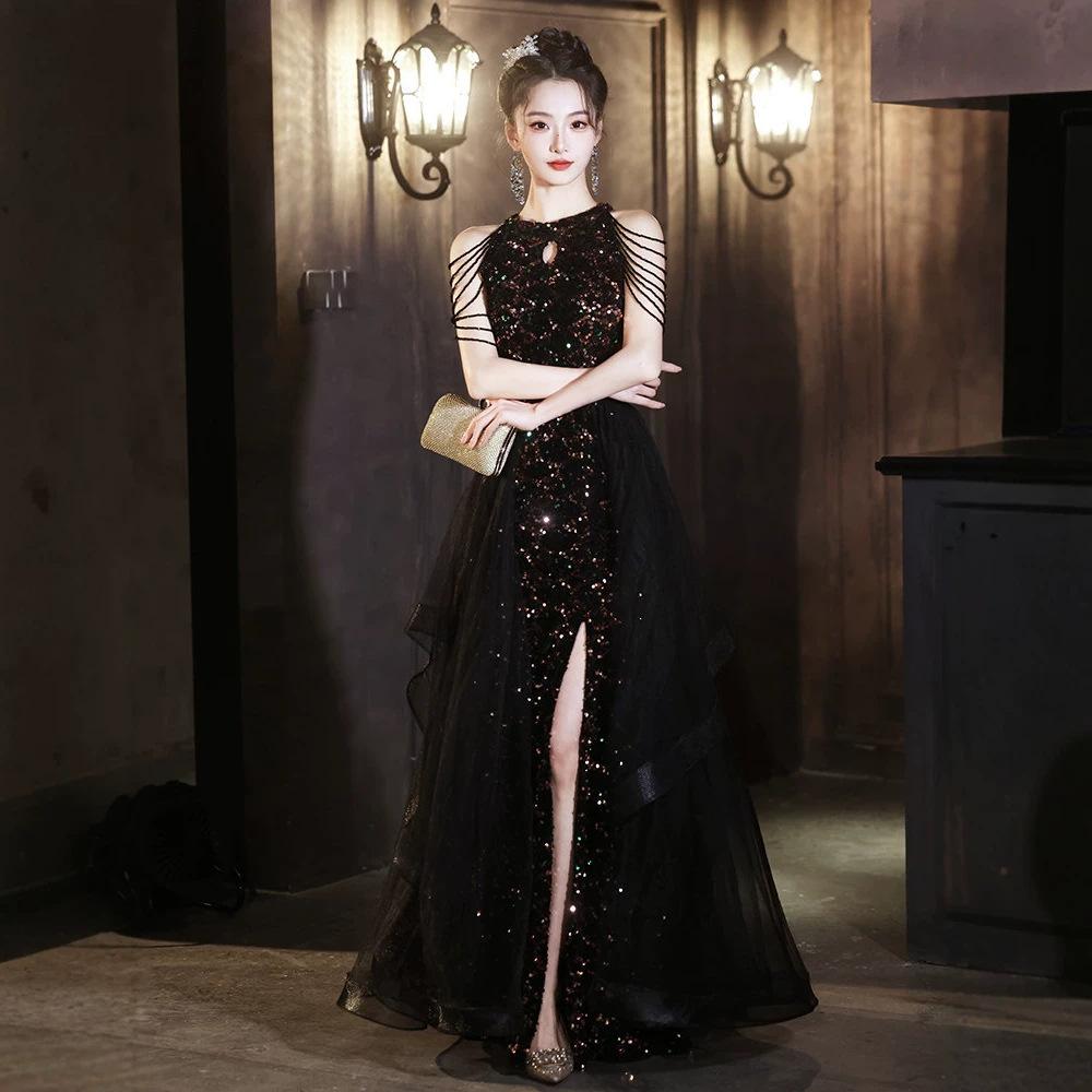 Beautiful black neck sequined evening dress dress for important occasions Women's light luxury niche annual meeting host catwalk dress