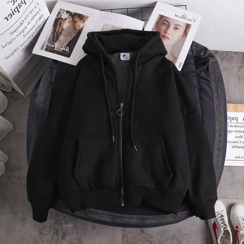 Men's Autumn and Winter Loose Casual Padded Sweatshirt Solid Color Hooded Zipper Jacket