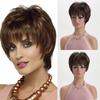 Synthetic Mix Brown Hair Short Curly Wig with Bangs Pixie Cut Wig for Women Stylish Mommy Wigs Natural Daily Cosplay