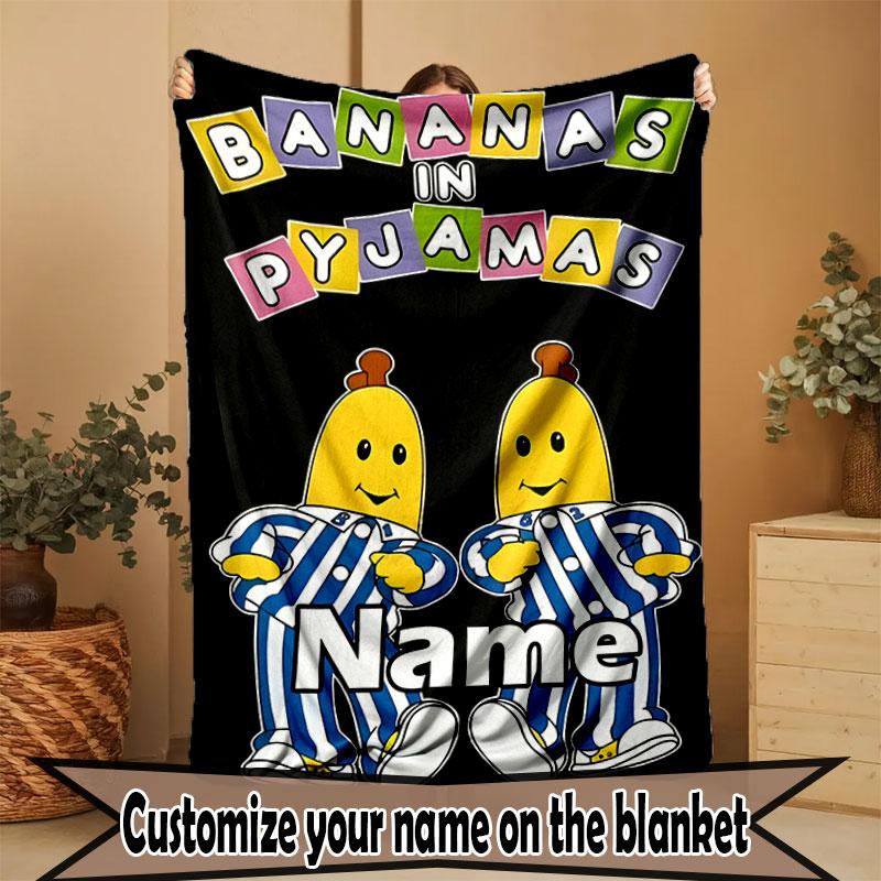 Custom Name Personalized Bananas in Pyjamas Print Blanket, Home Decor, Bedroom, Sofa, Camping, Couch, Gifts for Birthday Christmas
