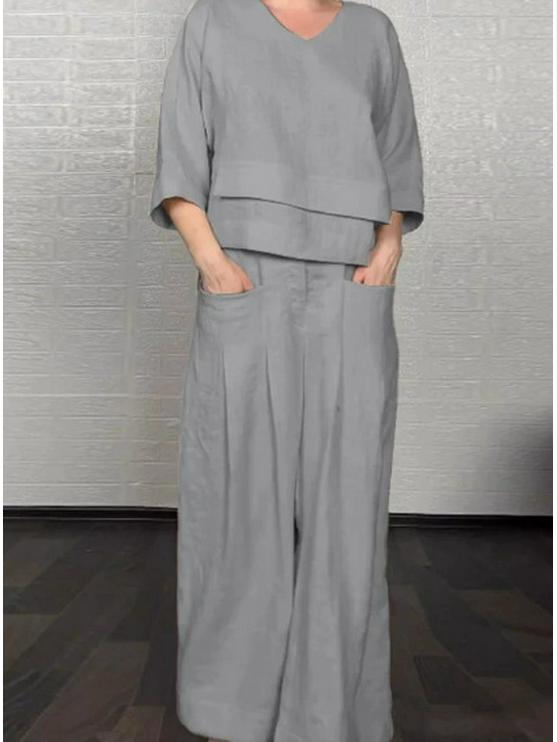 Комплект в европейско-американском стиле 2025 года: однотонный топ с круглым вырезом и брюки прямого кроя со средней посадкой