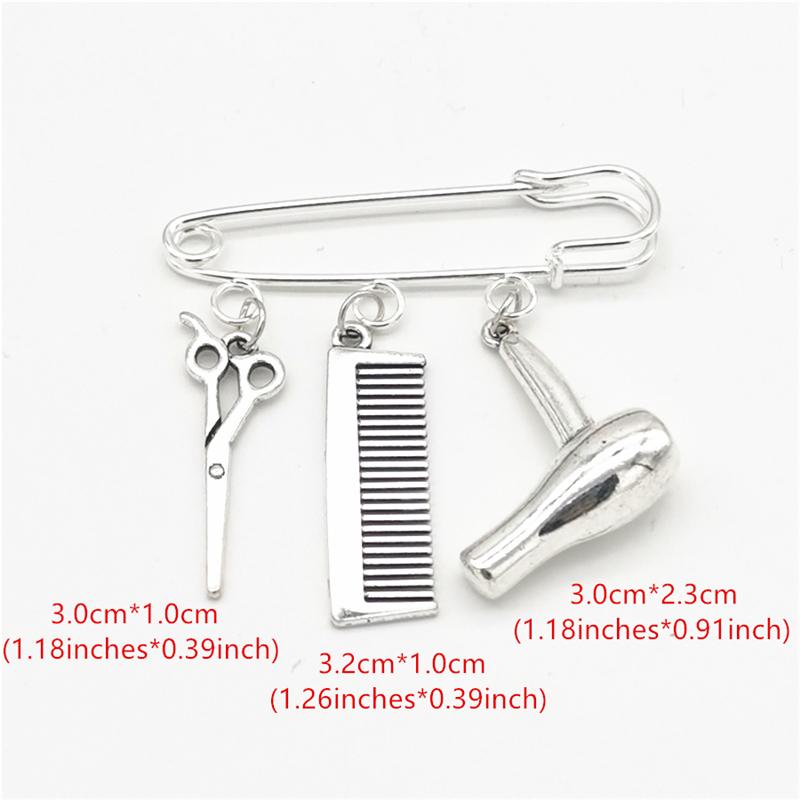 Серебряная брошь-подвеска для парикмахера с подвесками в виде фена, ножниц и расчески