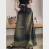 Women's 2024 Nostalgic Retro High-Waist A-Line Denim Skirt with Raw Edge and Ripped Details