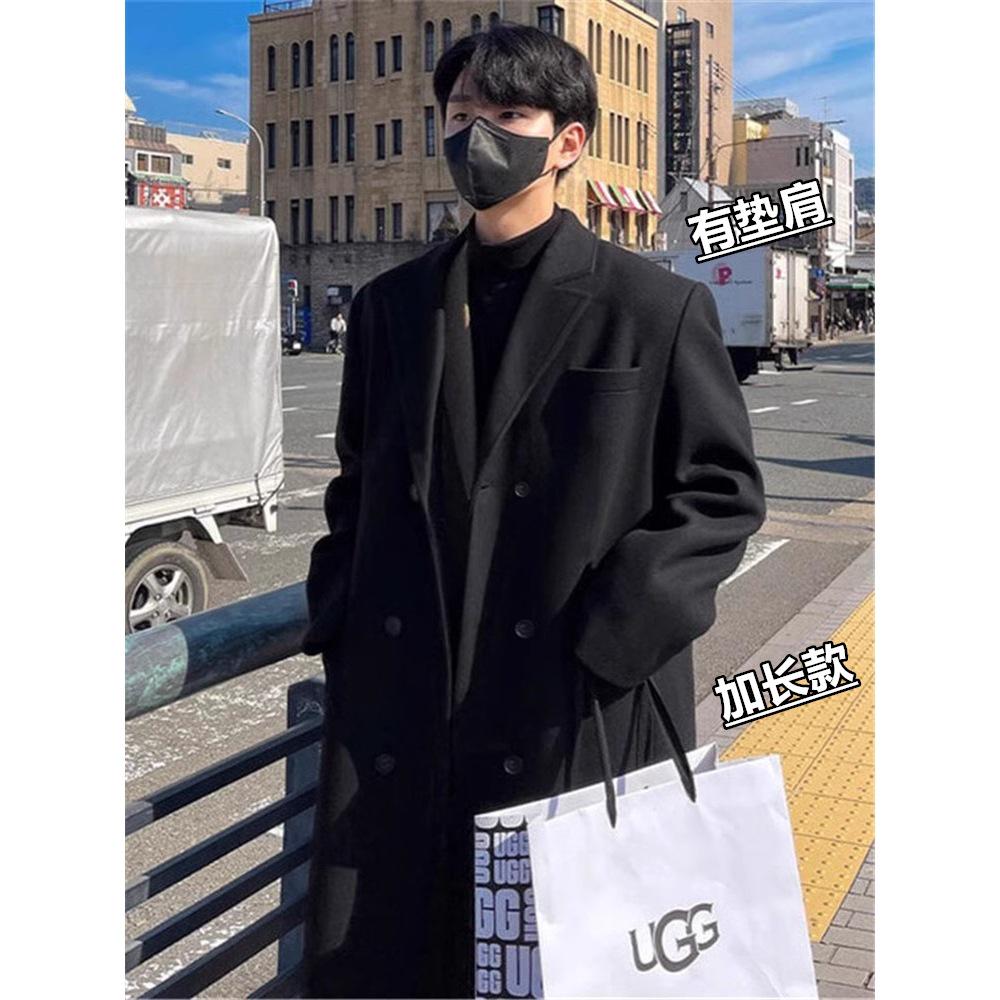 Мужское шерстяное пальто средней длины в корейском стиле - Осень/Зима, Утепленное, Длиной ниже колена, Свободного кроя