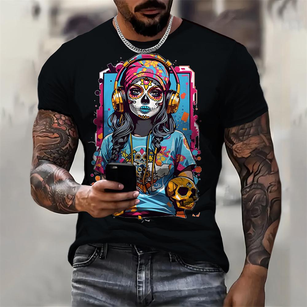 Ретро мужская футболка с рисунком в стиле рок, 3D-печать, модная летняя повседневная футболка с коротким рукавом и круглым вырезом, черные белые классические футболки