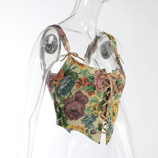 Женский клубный жилет на шнуровке с цветочным принтом без рукавов с вышивкой и квадратным вырезом Клубная одежда с низким вырезом Винтажный женский укороченный топ женская одежда