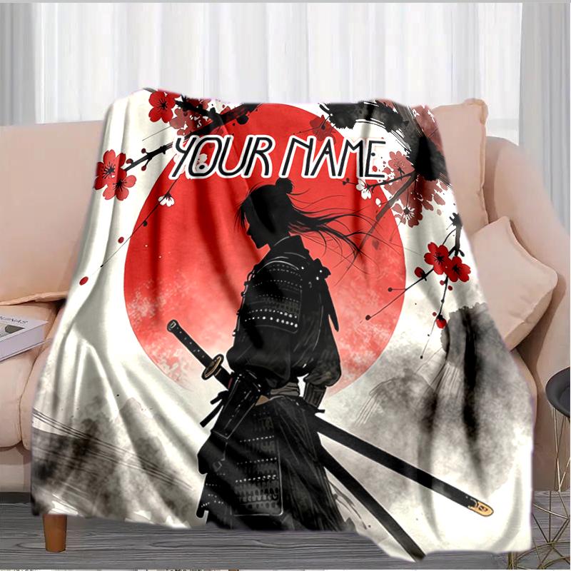 1PC Custom Name Samurai Sunset Journey flannel blanket versatile,all-season throw suitable for the living room,bedroom,camping,travel,and gift