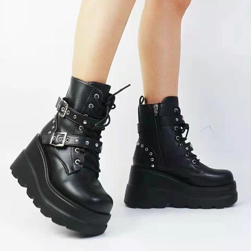 Fashion Autumn Winter Women's PU Leather Ankle Boots Punk Style Motorcycle Platform Boots Women Thick Bottom Black Gothic Lolita Shoes
