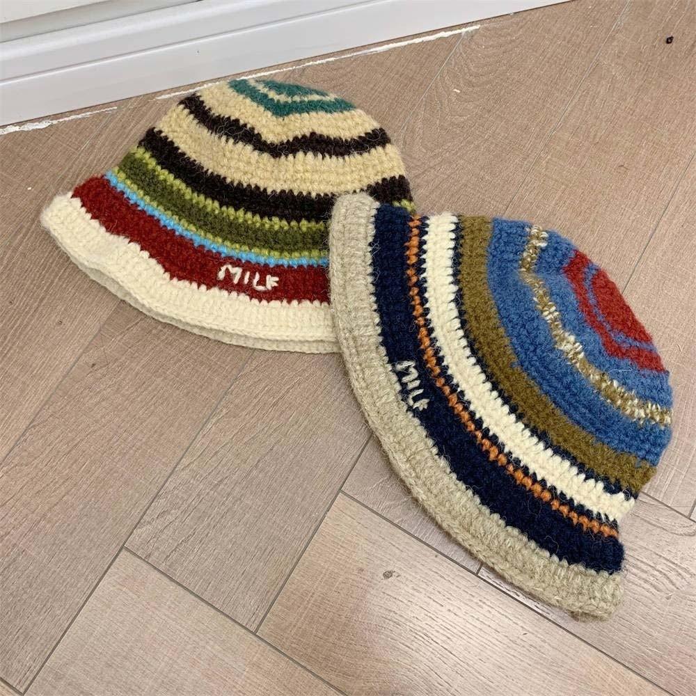 Temperament Knitted Bucket Hat Anti-cold Woven Basin Cap Striped Fisherman Hat Vacation