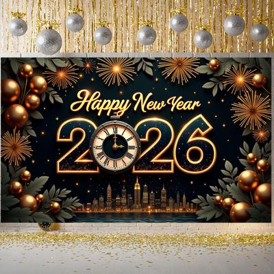 Новогоднее оформление 2026 Золотые Шары Баннер С Новым Годом Баннер Год 2026 Искрящийся Эффект Для Праздничного Мероприятия