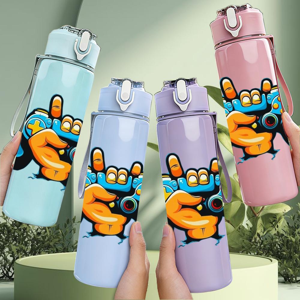 1PC Color Game Controller Cartoon 750ml Color Plastic Sports Water Bottle Leakproof Flip Straw Lid Suitable for Sports Office Home Use