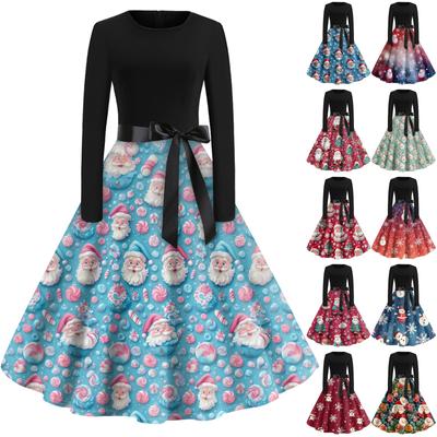 Женское винтажное классическое платье с длинным рукавом и рождественским принтом, свободное платье с круглым вырезом