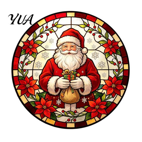 Decorative Glass Stickers for Home Round Christmas Window Sticker, Stained Style, Removable Static Santa Claus Cling, Tree PVC Decal