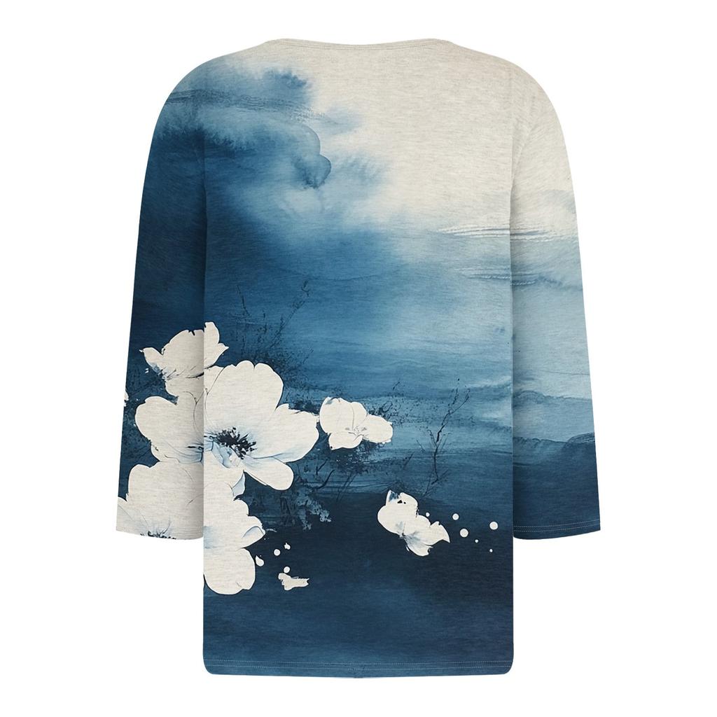 Women's Fashion Casual Floral Print V-Neck Decorative Button Three-quarter Sleeve T-Shirt Top