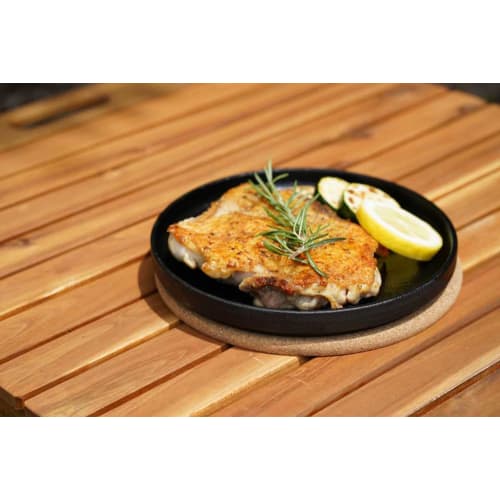 Ikenaga Iron Works Stackable Steak Plate/Grill Pan, Round, 13cm, for Gas Stoves Only, Natural Wood with Wooden Stand, P1005