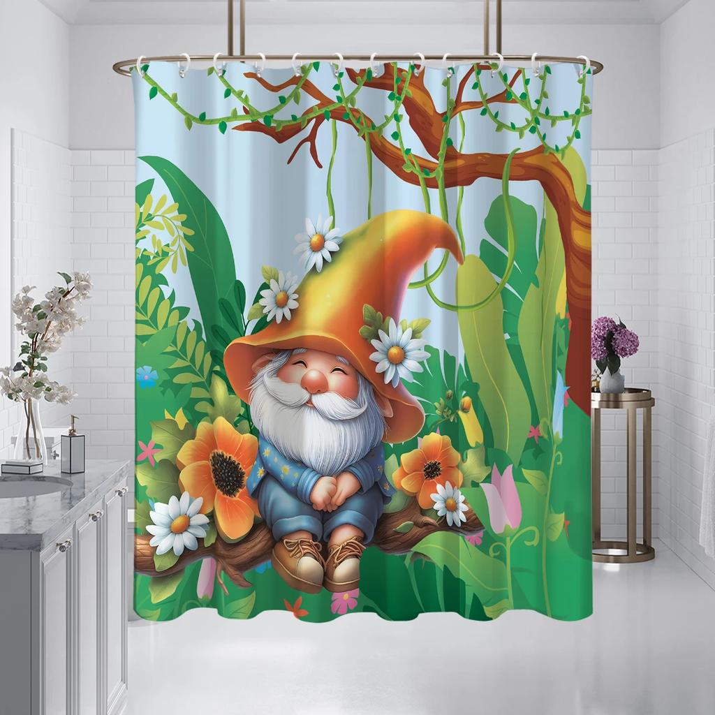 1PC Dwarf pattern printed shower curtain, spring day, waterproof, with 12 hooks, bathroom showers, bathtub, home use