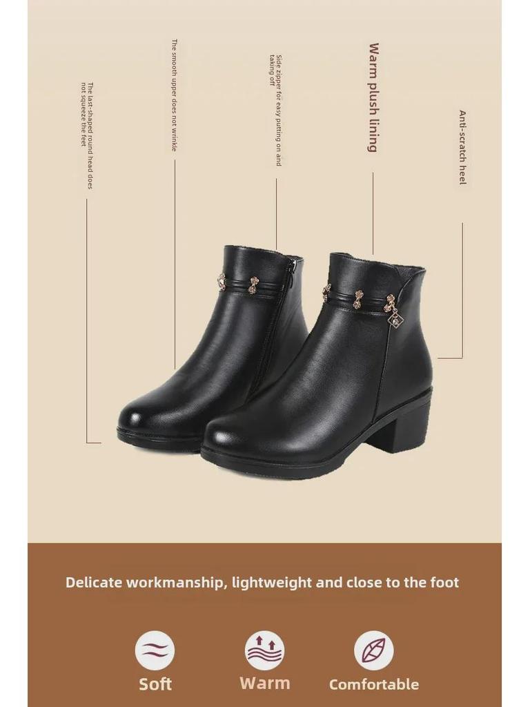 Зимние кожаные ботинки на среднем каблуке для женщин среднего возраста — теплые, нескользящие, с бархатной подкладкой.