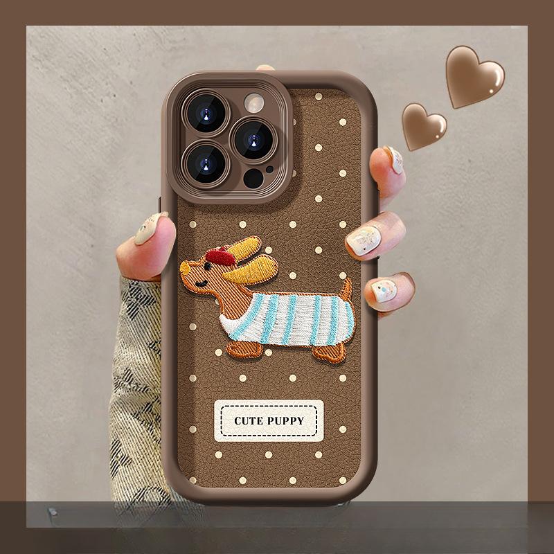 Polka Dot Embroidered Puppy Lanyard Suitable for Apple 13PROMAX Mobile Phone Case Iphone16 Lambskin 15 Silicone 14