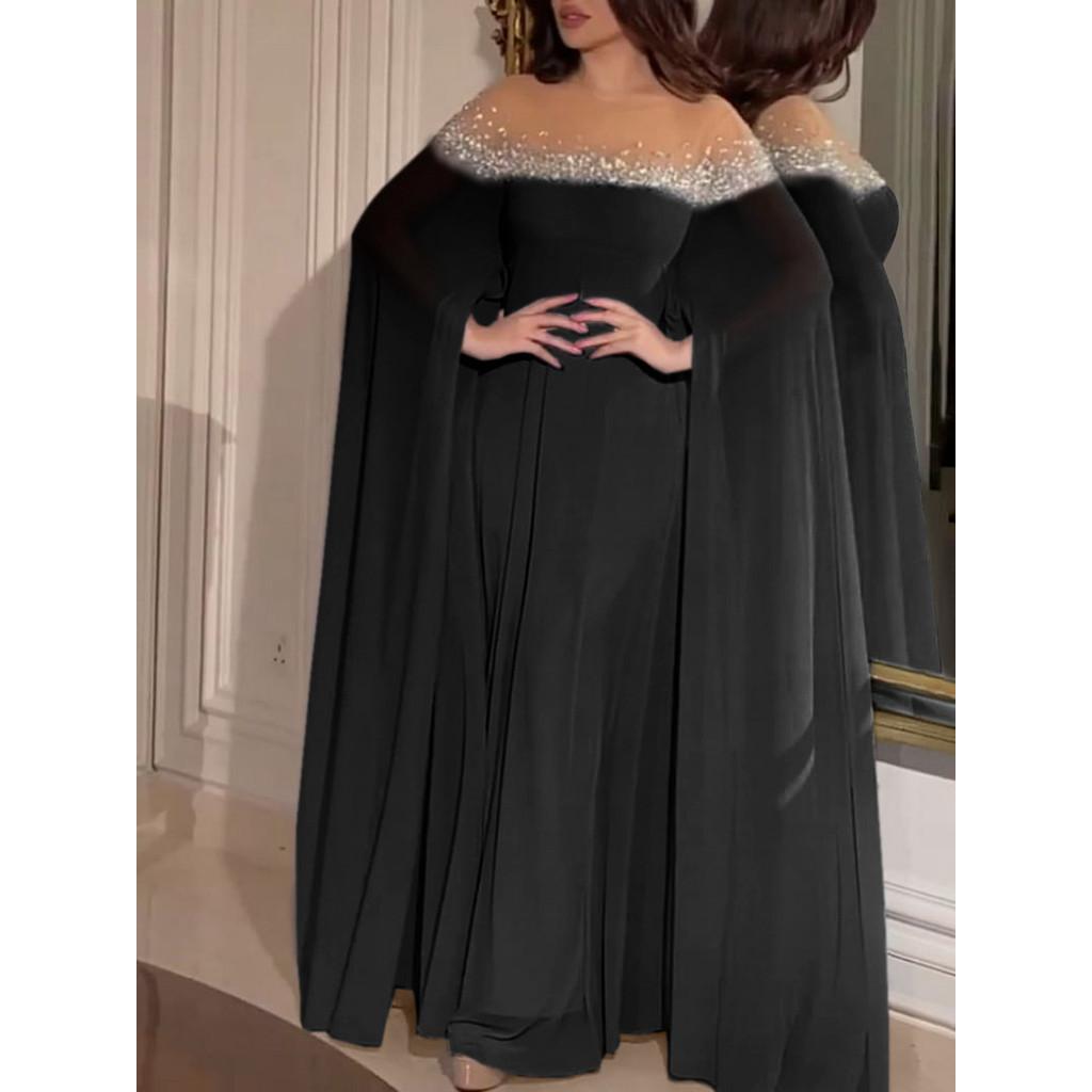 Women Elegant Round Neck Rhinestone Pearl Long Sleeves Kaftan Middle East Bride Bridesmaids Wedding Long Dress Gorgeous Party Maxi Ball Gowns