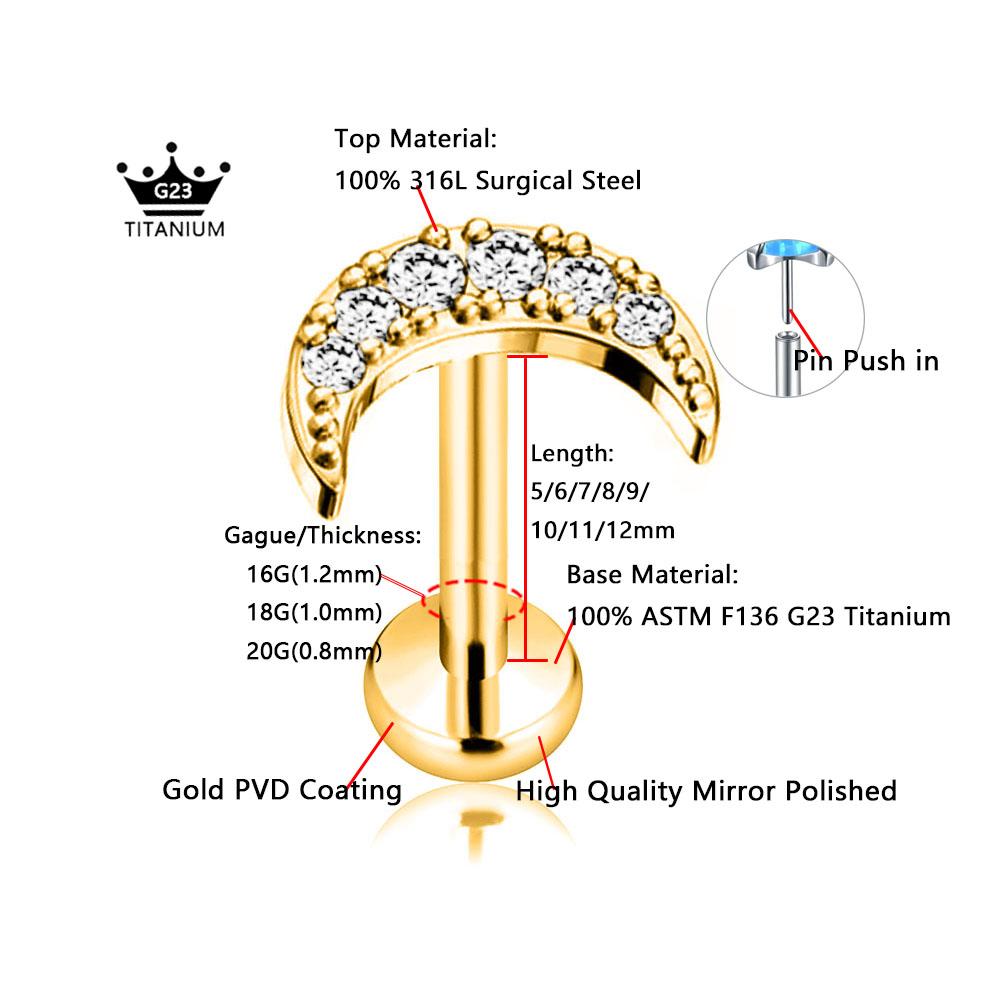 ASTM F136 G23 Титановый Цветок Луна Бабочка Безрезьбовой Пирсинг Молния Штифт Вставляемый Пирсинг Губы Дайт Хеликс Серьга 16G 18G 20G