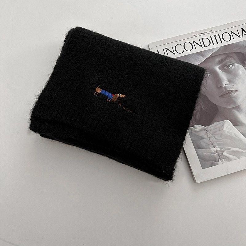 Korean Version with Wool Scarf for Women Winter New Versatile Solid Color Ins Scarf Beige Student Advanced Puppy Embroidery