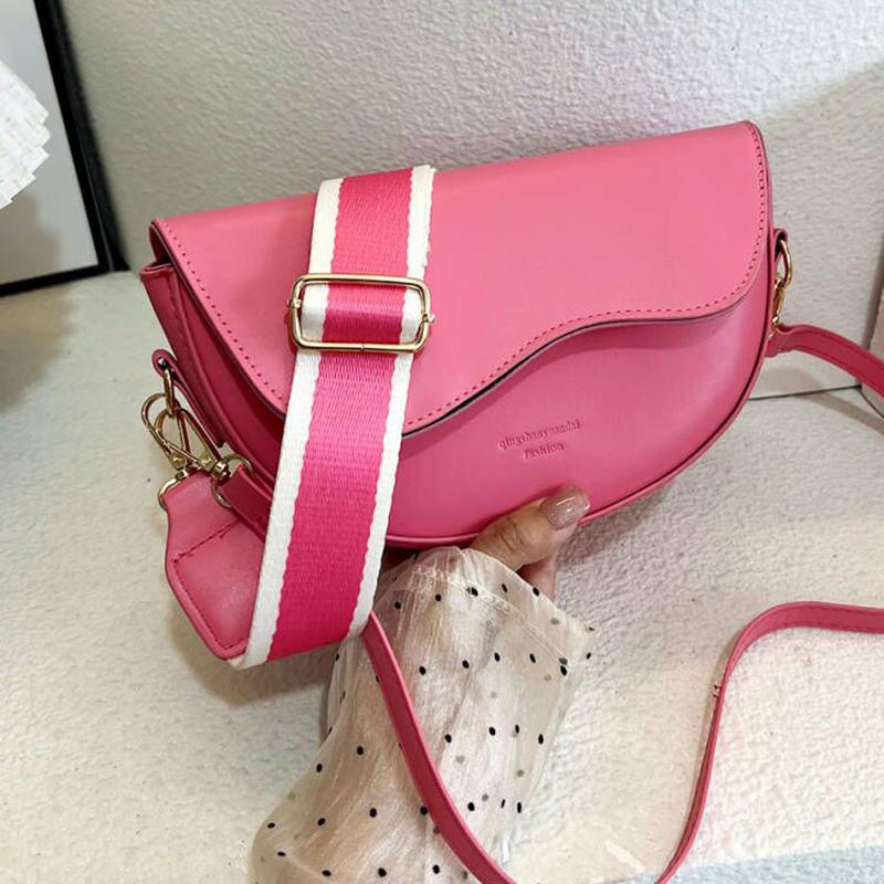 Women's Bag Vintage Solid Color Flap Small Saddle Shoulder Underarm Bag Fashion PU Leather Wide Strap Crossbody Bag