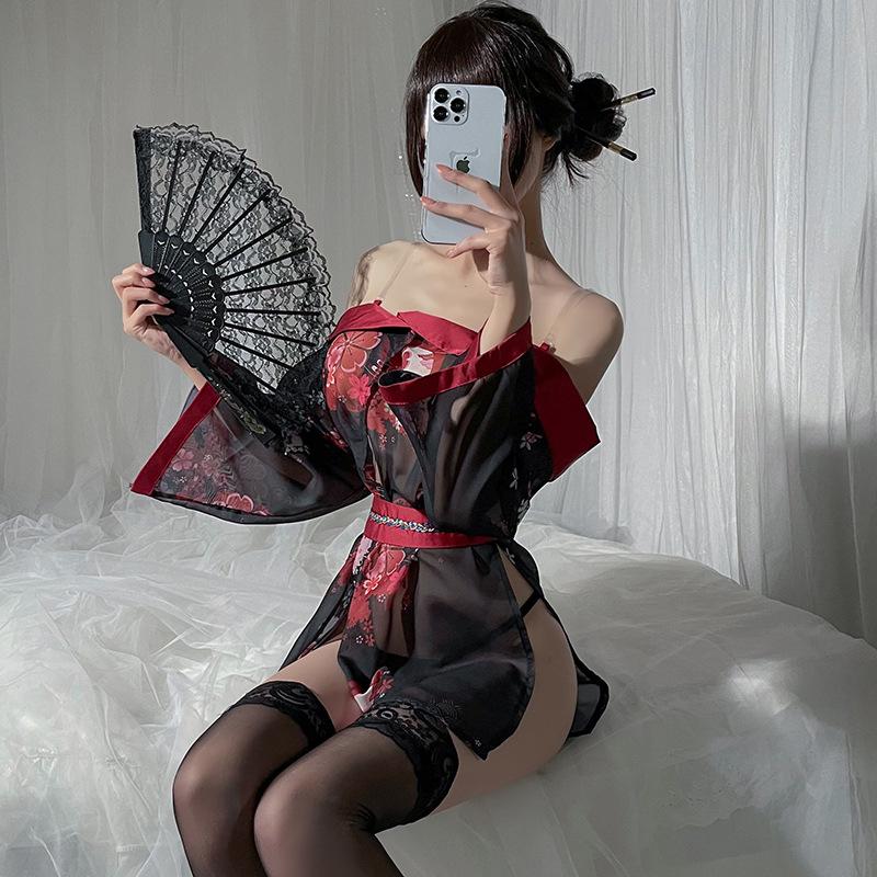 Сексуальный японский набор кимоно-белья: Прозрачный кардиган и халат с открытой передней частью