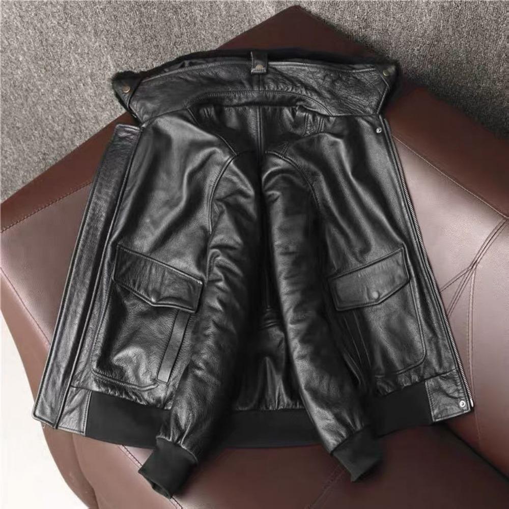 Winter Lapel Flight Suit Leather Jacket Pure First Layer Cowhide Leather Jacket Men's Large Size Cotton Jacket
