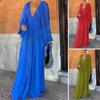 Women Evening Dress Deep V Neck Pleated Long Sleeves Solid Color High Waist Vacation Beach Party Maxi Dress Prom Long Dress
