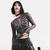 Gotik Pank Ko'ylak Ayollar Skelet Naqshli Dumaloq Bo'yin Uzun Qisma Qisqartirilgan Top Qora Dark Academia Kiyimlari y2k Futbolkalar Streetwear