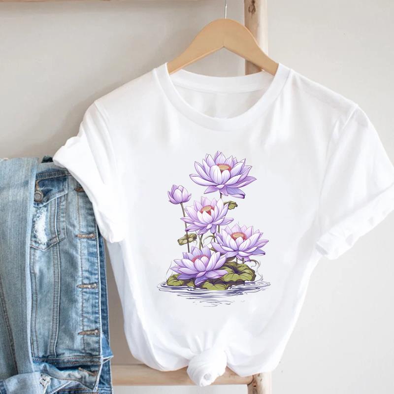 (Asian Size) Clothing Sweet Lovely Flower Trend Casual Women Tee Top Short Sleeve T Shirt Fashion Print Lady Female Graphic T-shirts