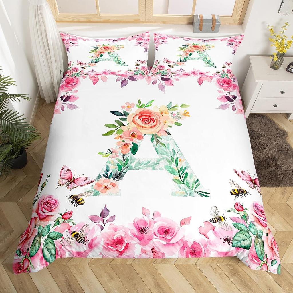 Initial Letter A Duvet Cover for Boys Girls Floral Monogrammed Bedding Set Romantic Rose Alphabet Quilt Cover with 2 Pillow Case