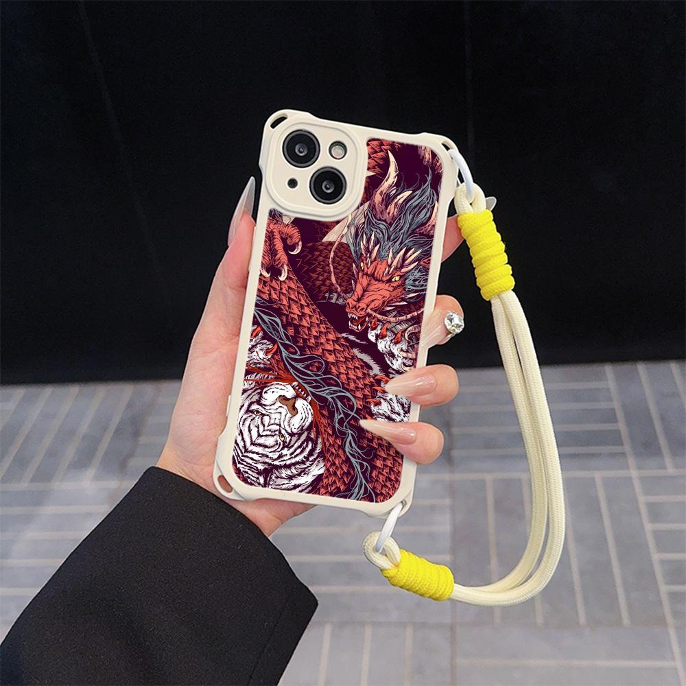 Ae77 Dragon Design Art Soft Phone Cases for iPhone 16 15 14 13 12 11 Pro Max 7 8 Plus XR XS Max with Wrist Strap Lanyard Corner Protection Back Cover