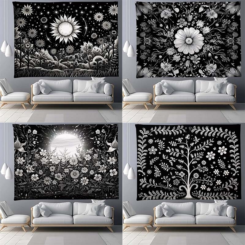 Black and White Tree Floral Pattern Bedroom Living Room Tapestry Home Wall Decoration Tapestry