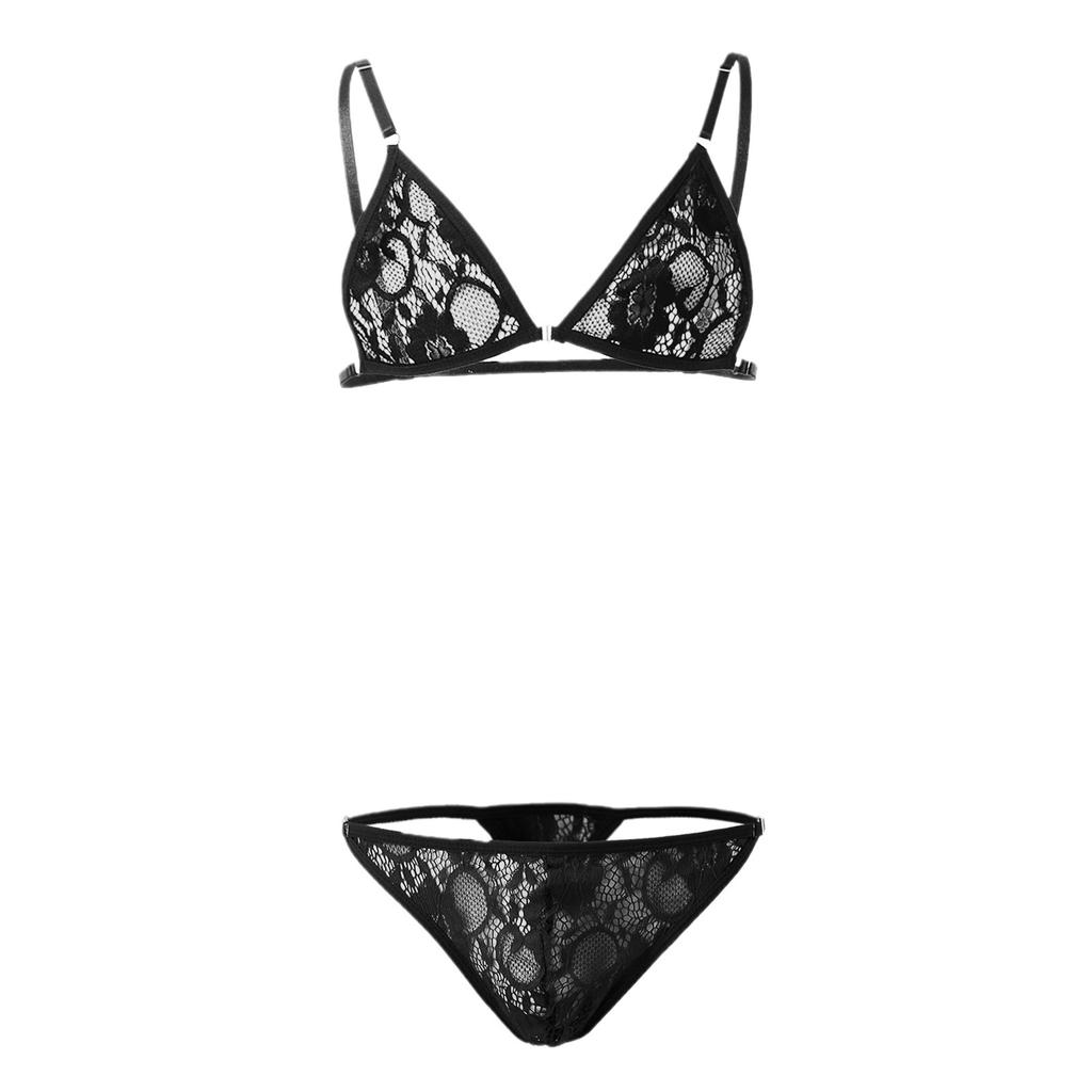 Plus Size Men's 2 Pieces Bikini Suit Gay Cross-Dressing Thongs Bra Lace Sexy See-Through Underwear Suit