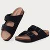Fashion Litfun Women's Cork Footbed Slippers Classic Leather Flats Slippers Thick Bottom Double Buckle Slides Beach Sandals Adjustable