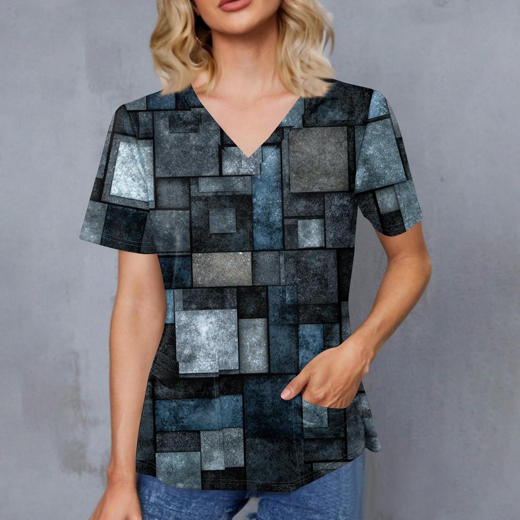 Women's Retro Printed V-Neck Double Pocket Short Sleeves Hem Slit Uniform Caregiver Top