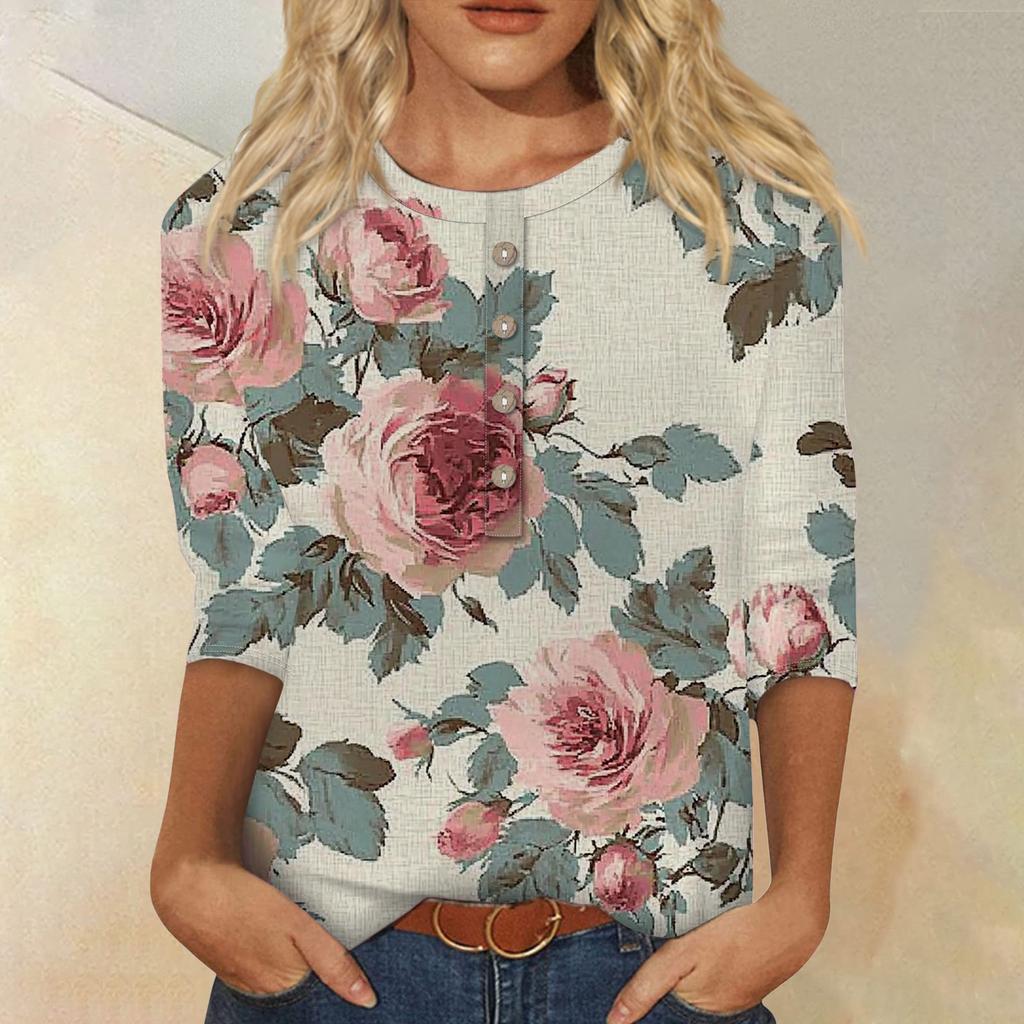 Женская мода повседневная 3/4 рукава цветочный принт пуловер круглый вырез топ повседневная одежда