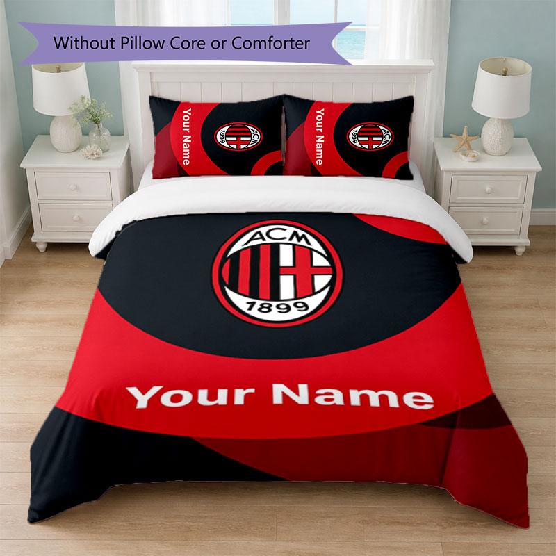 AC Milan Custom Name Text Bedding Set 1 Duvet Cover+2 Pillowcases Soccer Logo Personalized Gift For Special Occasion Bedroom Decor