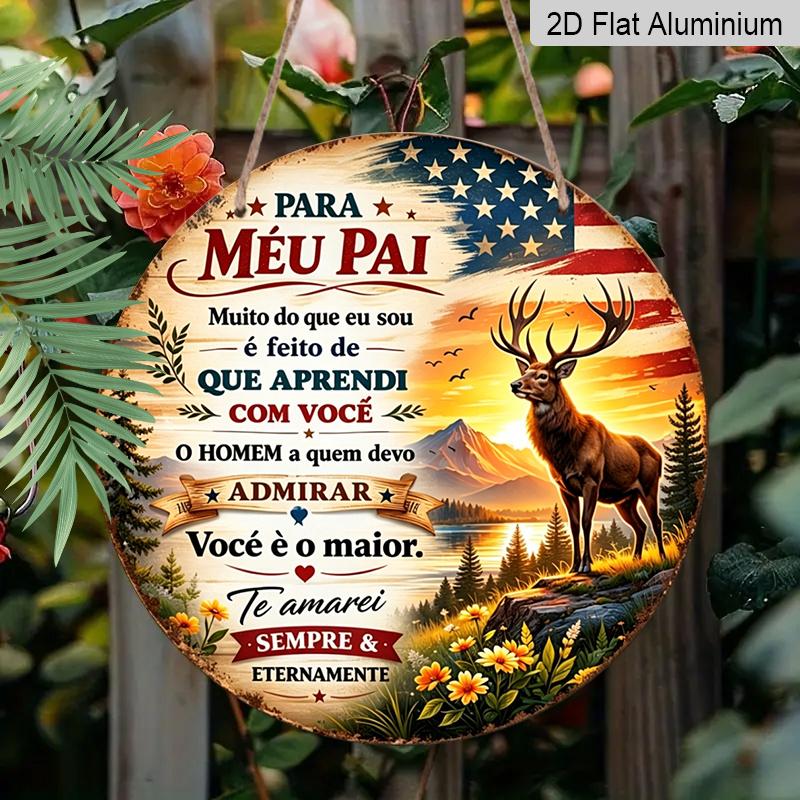 2D Flat, 1pc Portuguese Fathers Day Aluminum Sign, Vintage Deer Sunset Patriotic Design, "Para Meu Pai" Quote Decorative Sign for Home, Pub, Cabin