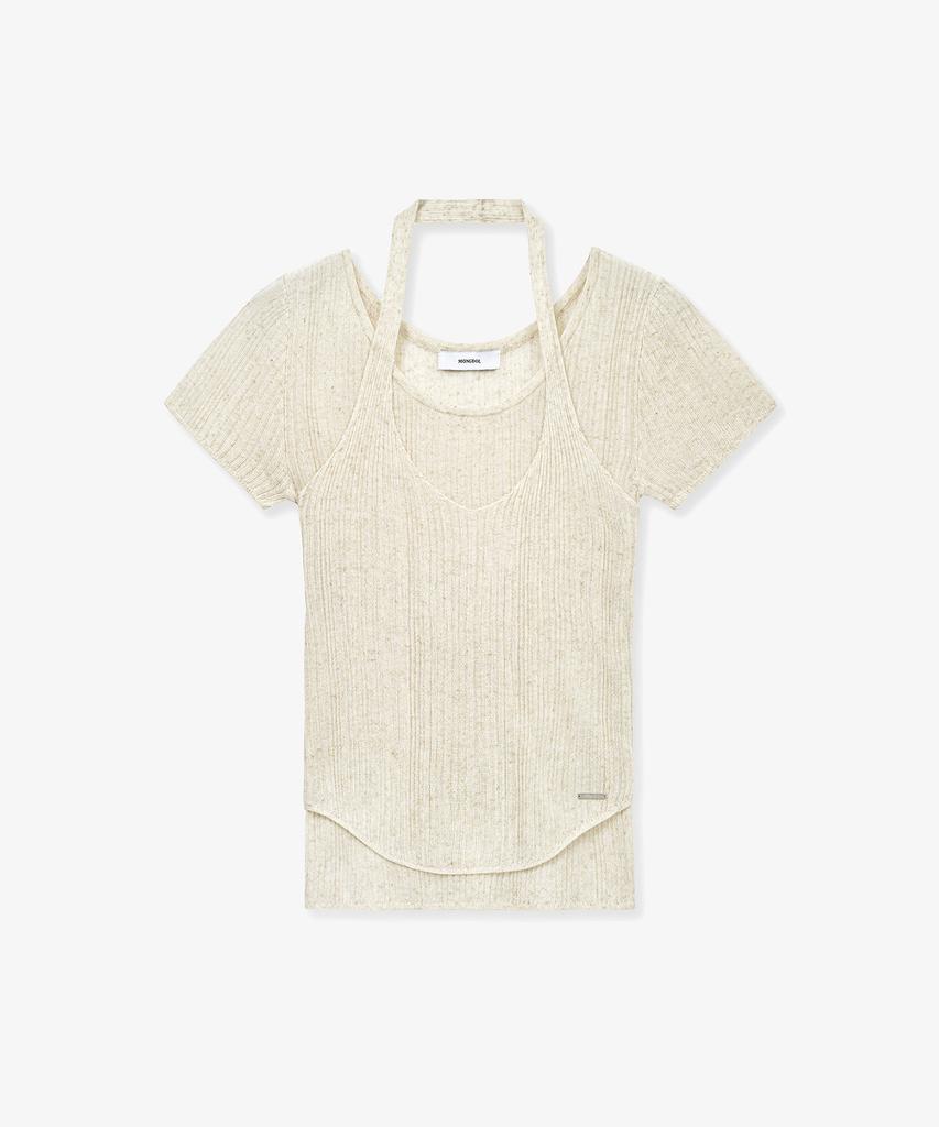 MONGDOL [Set] Ribbed Halterneck Sleeveless & Short Sleeve Knit Oatmeal Mdkt129Oatmeal