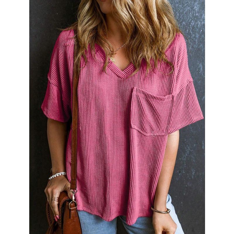 Плюс Размер Женский Летний Новый Повседневный Однотонный Пуловер С V-образным Вырезом Топ с Коротким Рукавом