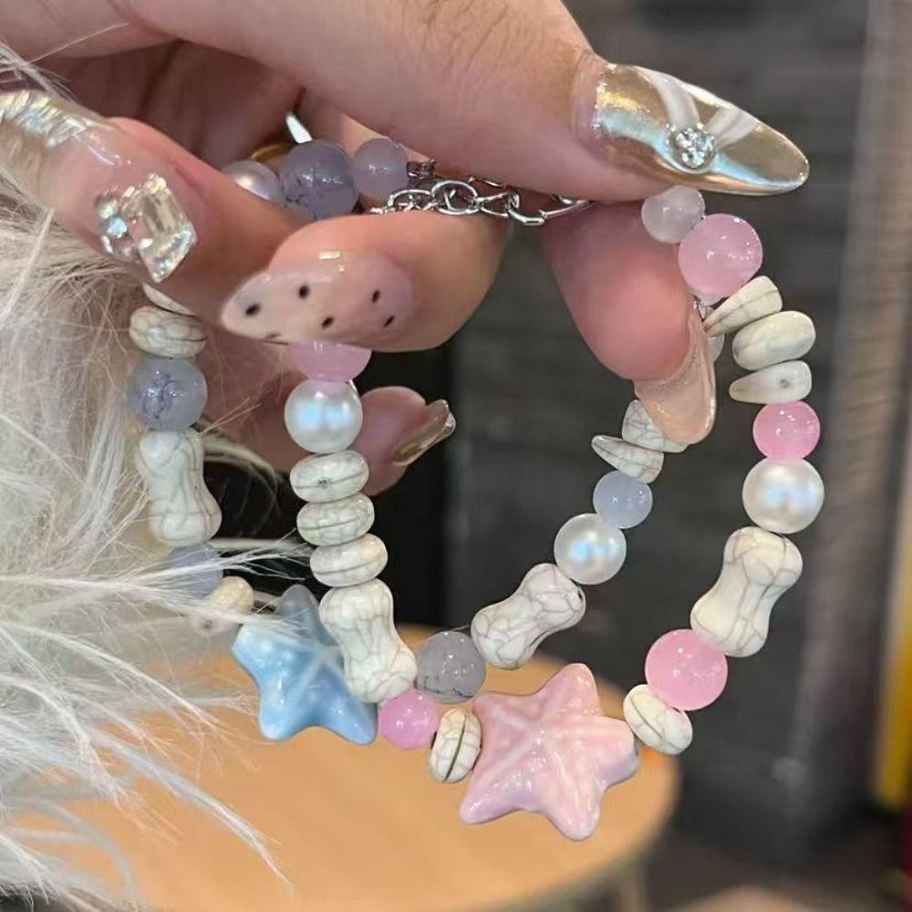 Y2K Colorful Beaded Bracelets Pink Blue Beaded Bangle Cute Starfish Bracelet Marine Accessories