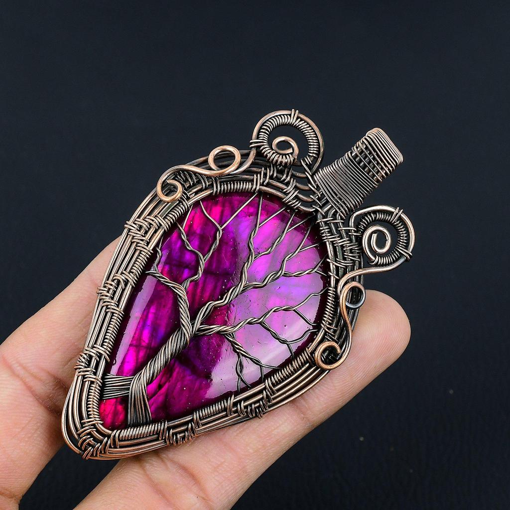 Tree Of Life Pink Flash Labradorite 999 Copper Wire Wrapped Jewelry, Handmade Beauteous Gemstone Jewelry Pendant For Women
